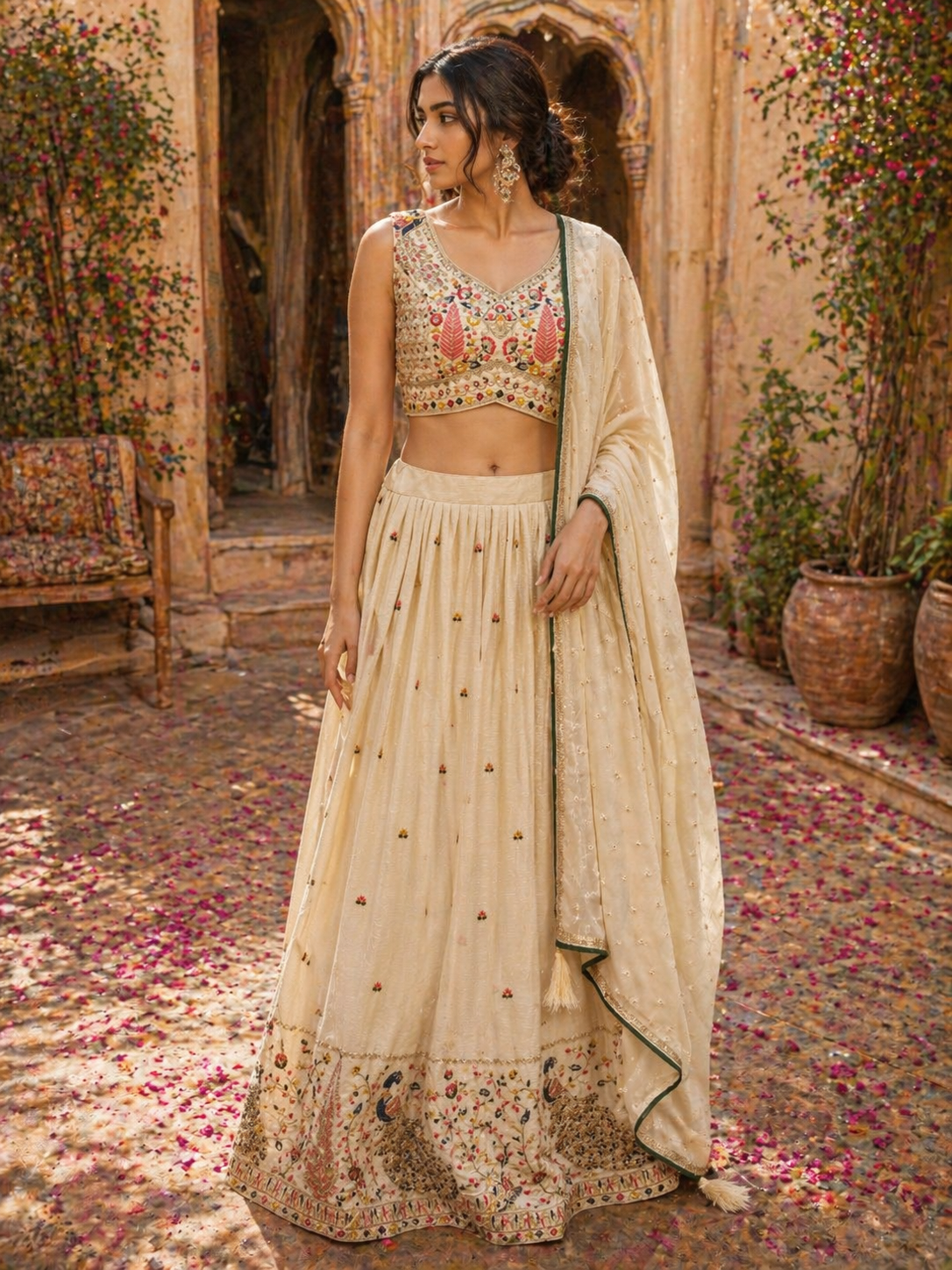 Ivory Chinnon Silk Lehenga Set with Multicolor Embroidered Blouse & Dupatta